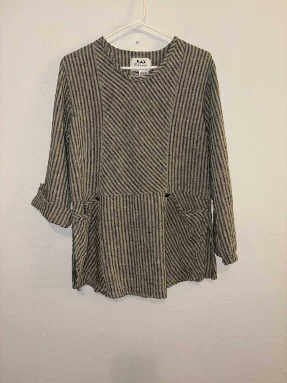 FLAX Striped Linen Pullover Front Pockets Roll Tab Sleeve Petite Coastal Roomy